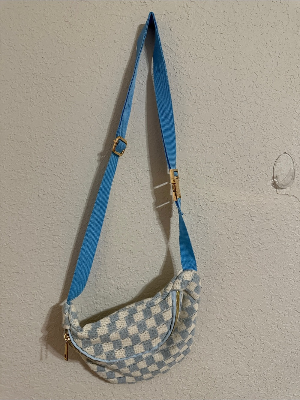 Blue Checkered Crossbody Bag with Adjustable Strap